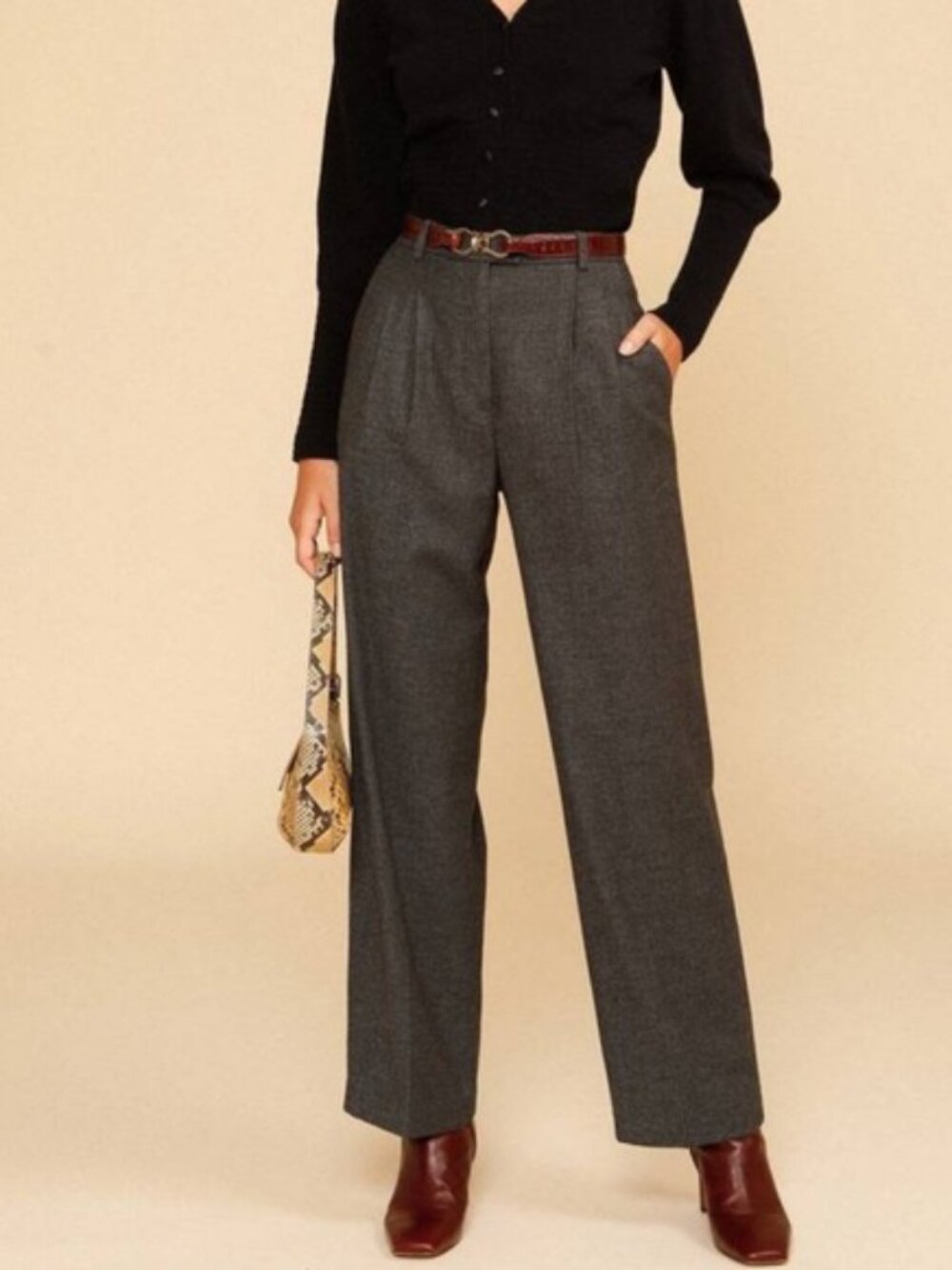 Rouje Jeje High Waisted Pleated Trousers Pants  12 US / 44 Grey Herrinbone Wool